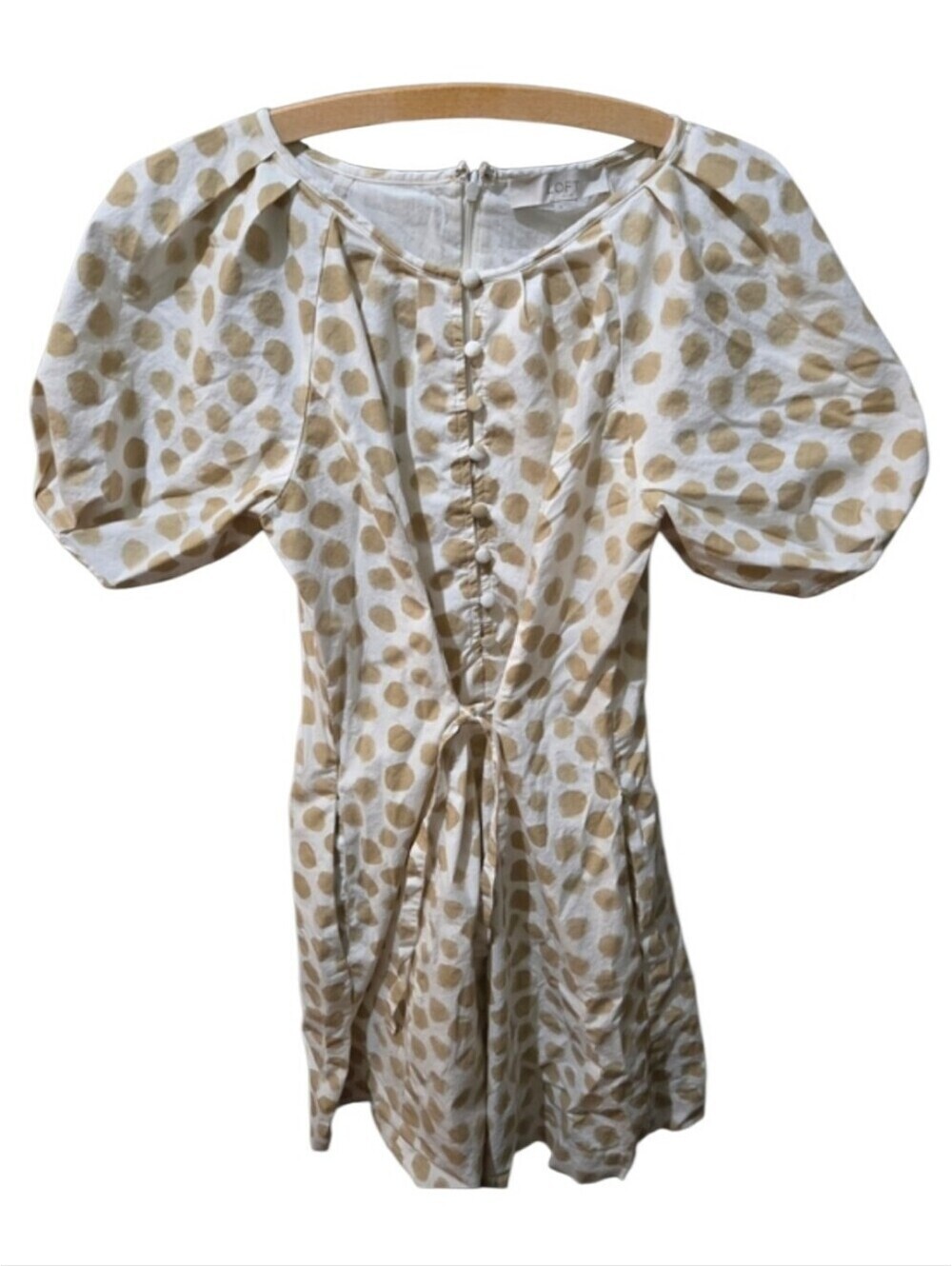 LOFT Puff Sleeve Polka Dot Dress Size 4 Beige White Pockets Cottagecore